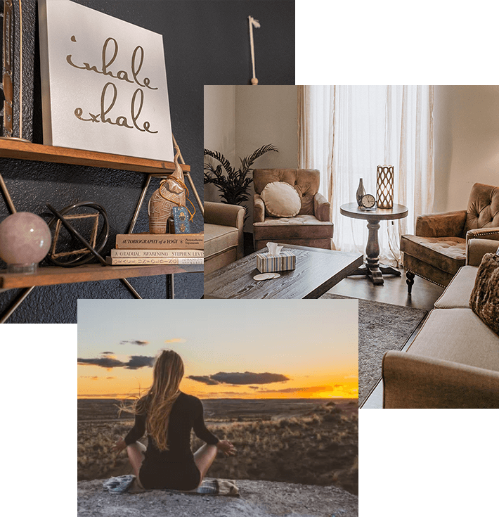 Collage of images, including woman meditating, motivational poster, living room