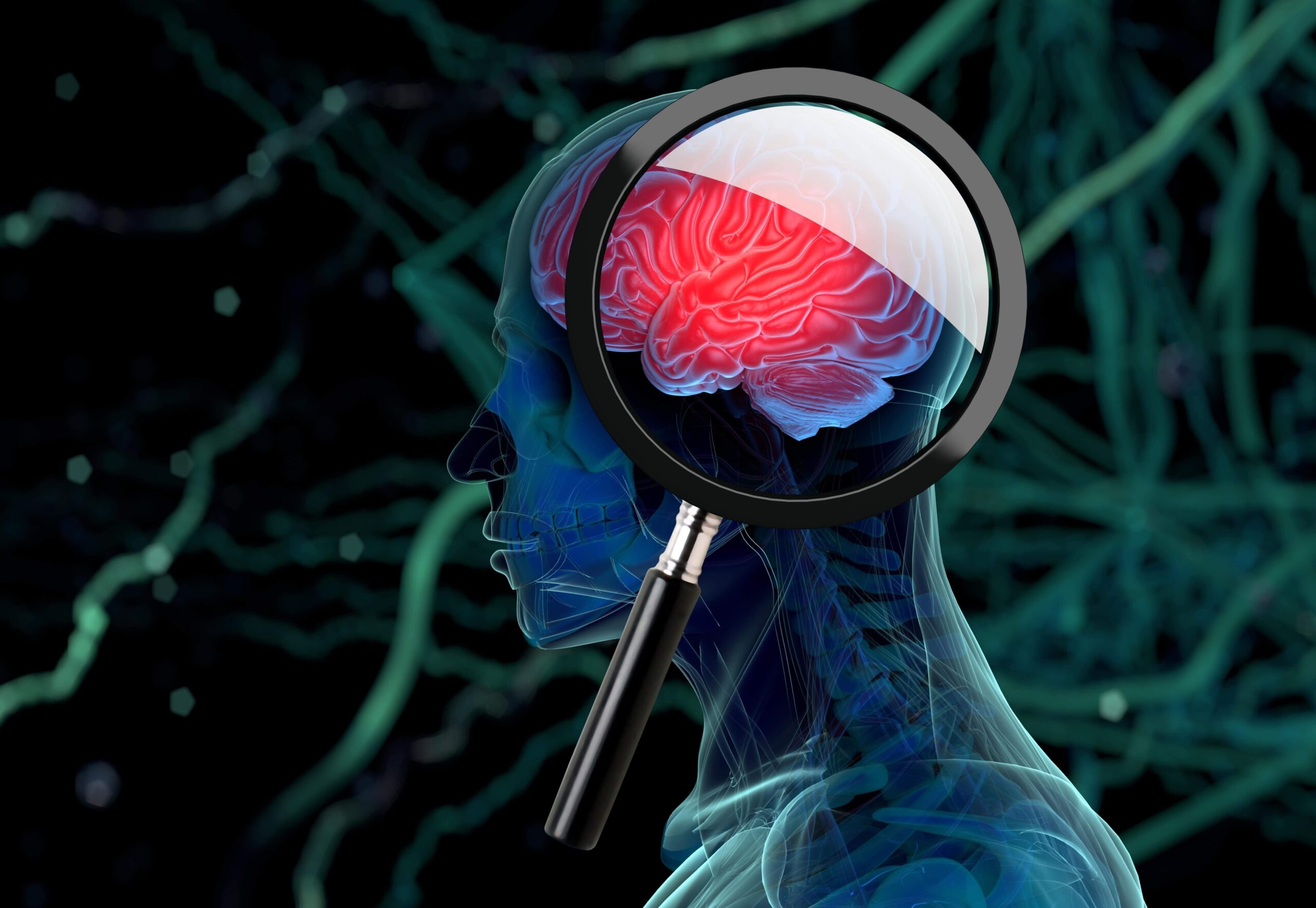 magnifying glass showing the effects of addiction on the brain