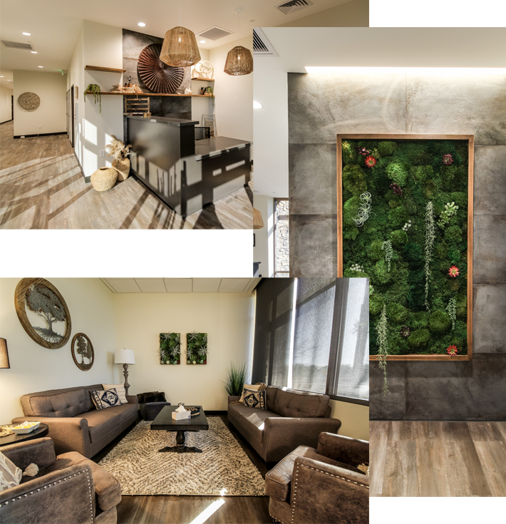 aboutusimg3 Collage of images, including woman meditating, motivational poster, living room